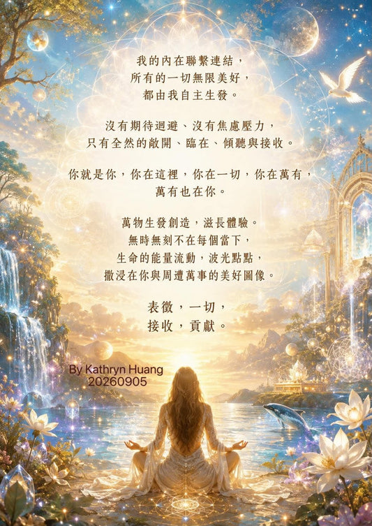 我與我的內在聯繫連結，  所有的一切無限美好，都由我自主生發。